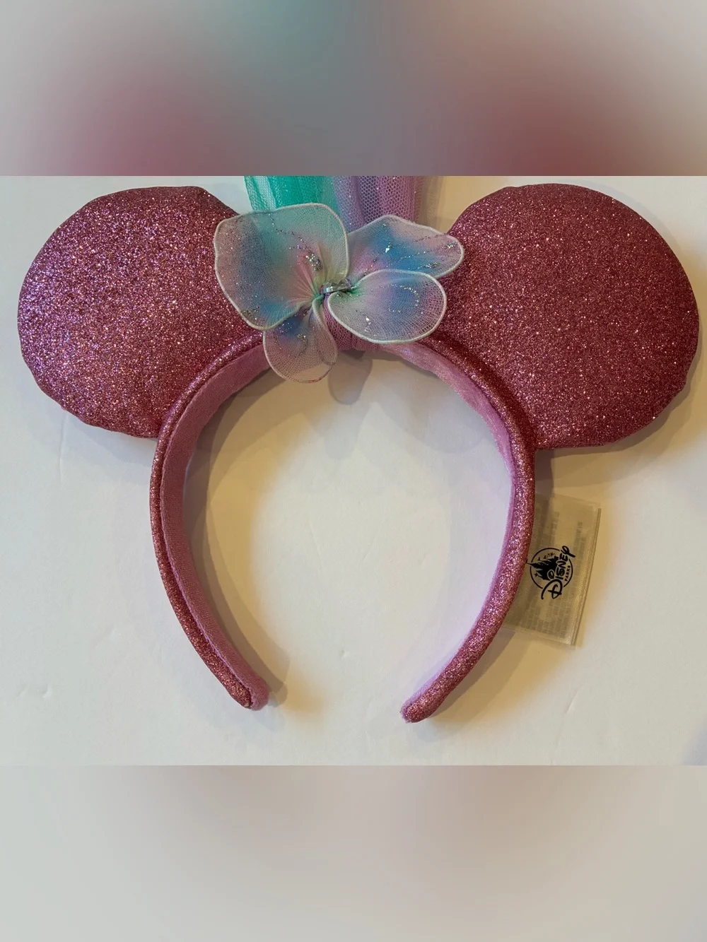 Disney Parks Minnie Mouse Ears Headband Pink Glitter Tulle Veil Flower